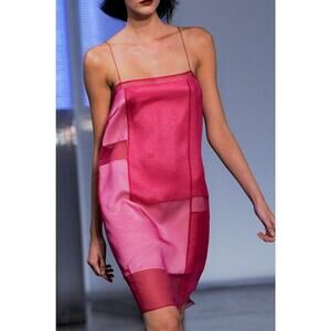 Helmut Langs Silk Organza Mesh Layered Slip Mini Dress Fuchsia Pink Womens Small